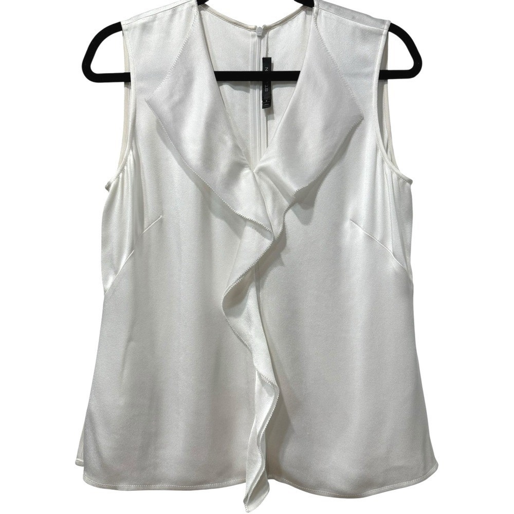St.‎ John Black Label Pearl White Sleeveless Ruffle Top Silky Elegant Classic SM